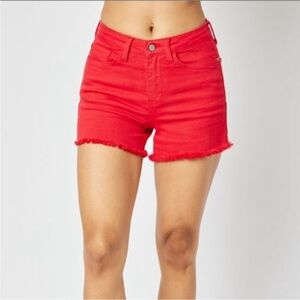 NWT Judy Blue Garment Dyed Red Cut Off Mid Rise Shorts Size S.